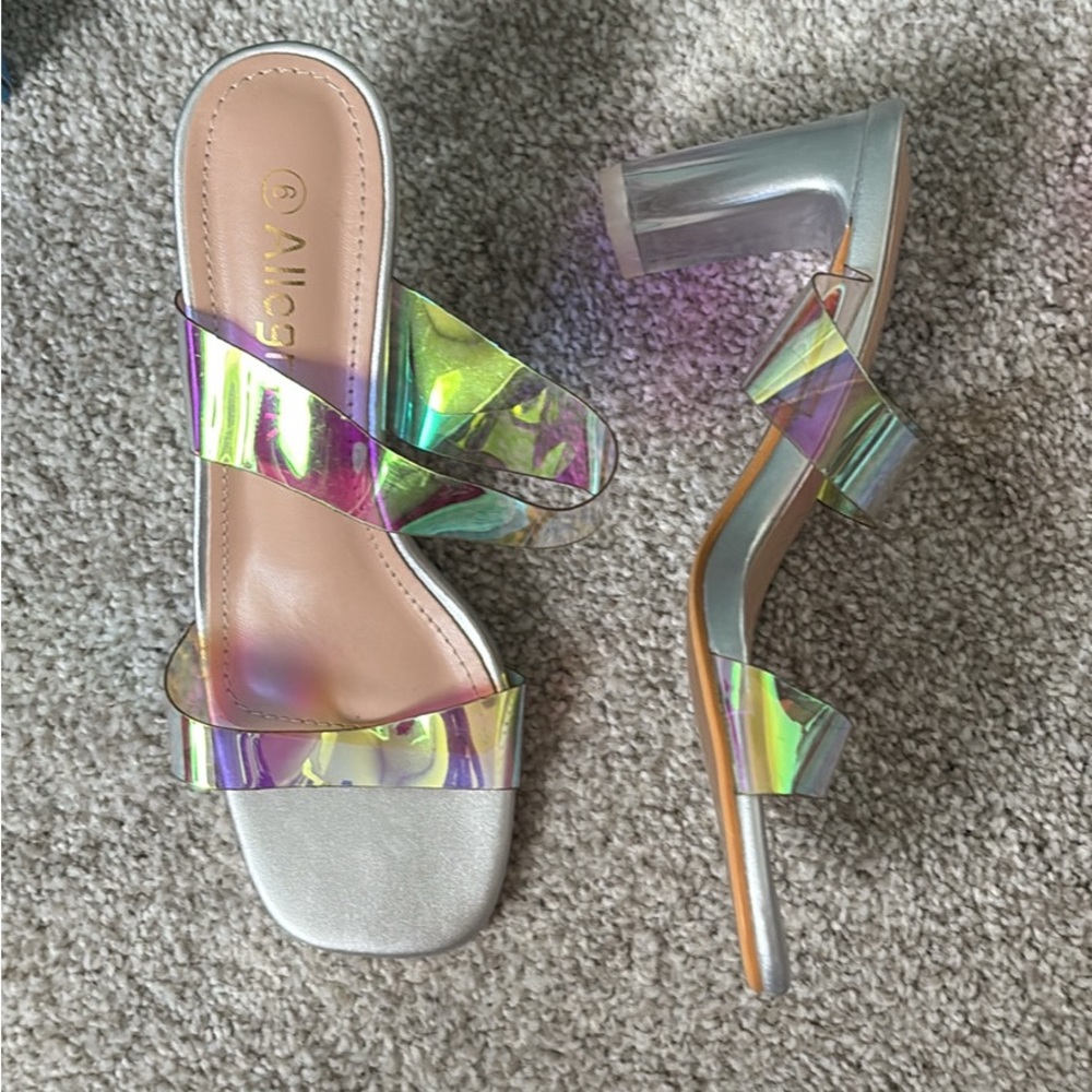 Iridescent Silver Block Heels